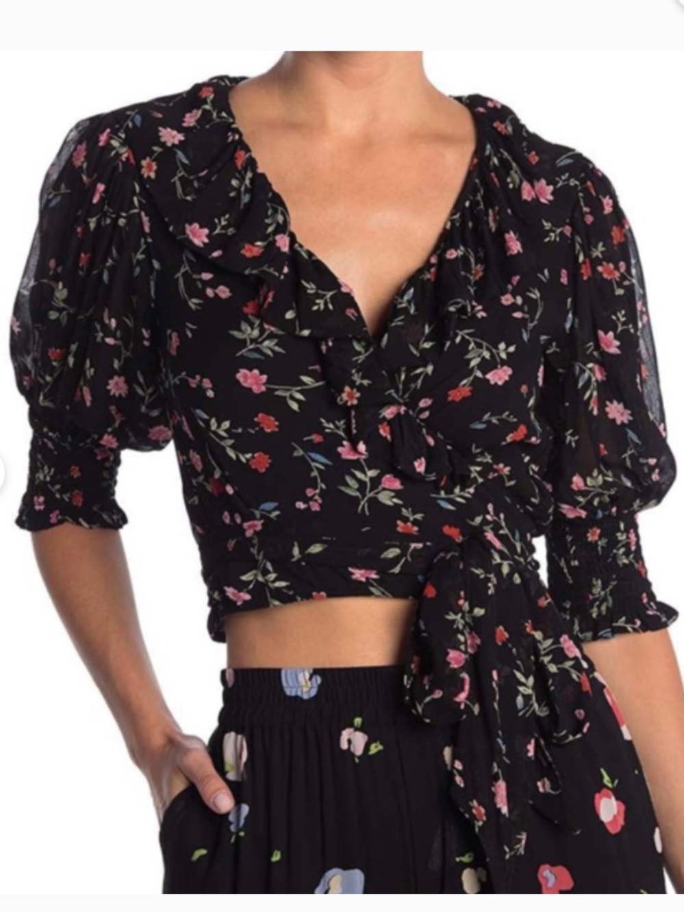 Ganni Elm Floral Print Georgette Wrap Top